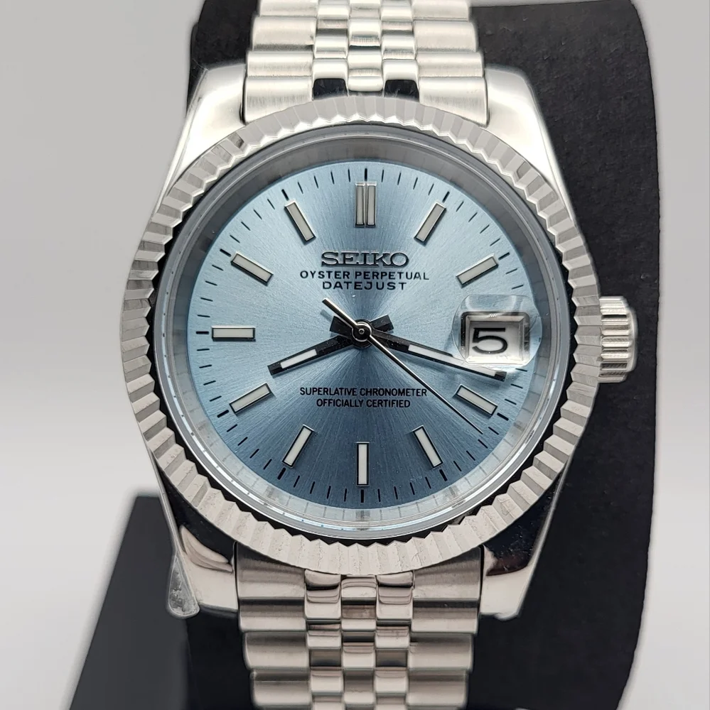 New 39mm SeikoMod Automatic Watch Sunburst Blue Dial